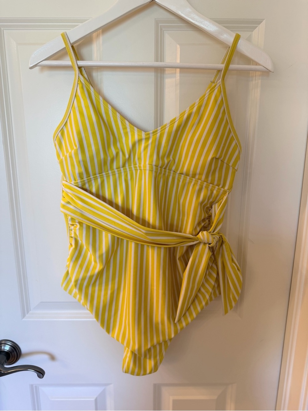 Yellow and White Striped One-Piece Swimsuit with Waist Tie